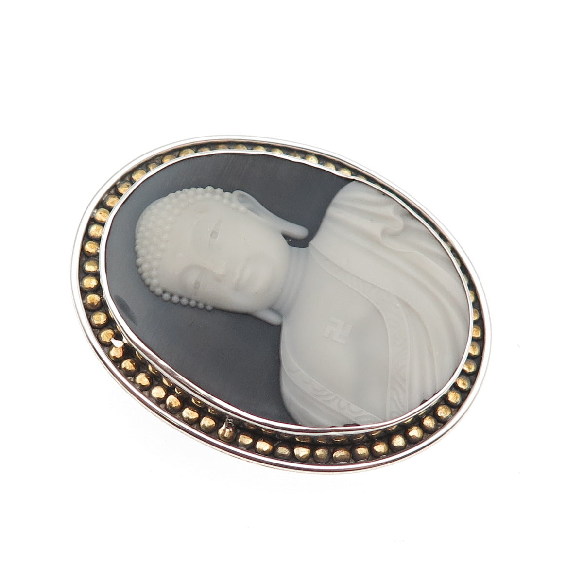 925 Sterling Silver 2-Tone Vintage Ceramic Buddha Cameo Pin Brooch
