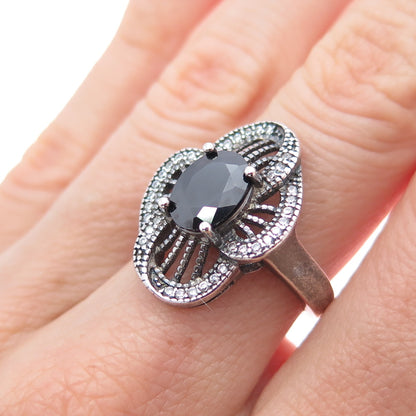 925 Sterling Silver Vintage Real Black Spinel & C Z Flower Oxidized Ring Size 6