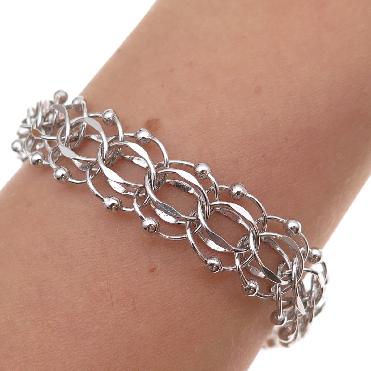 American 925 Sterling Silver Antique Art Deco Beaded Bismark Link Bracelet 7.25"