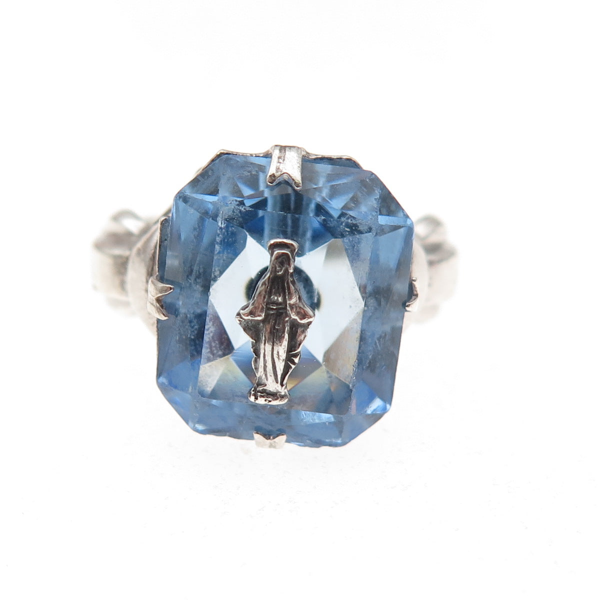 925 Sterling Silver Antique Art Deco Rhinestone St. Mary Miraculous Ring Size 5