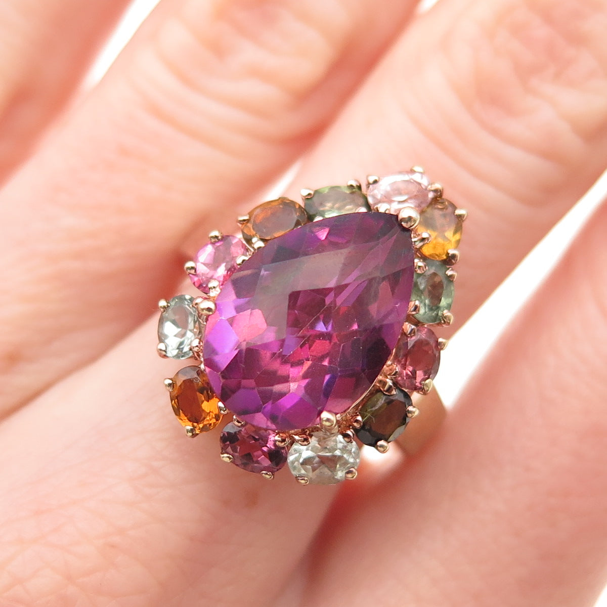 925 Sterling Silver Rose Gold Plated Real Multi-Color Tourmaline Ring Size 7