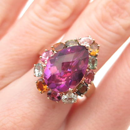 925 Sterling Silver Rose Gold Plated Real Multi-Color Tourmaline Ring Size 7