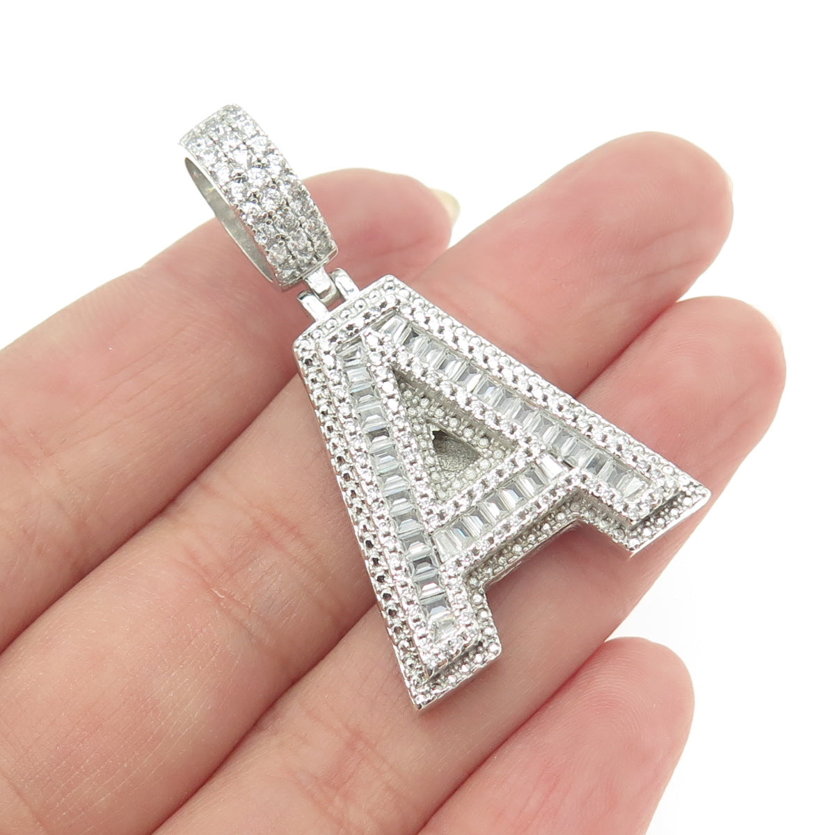 925 Sterling Silver Pave C Z Letter "A" Initial Pendant