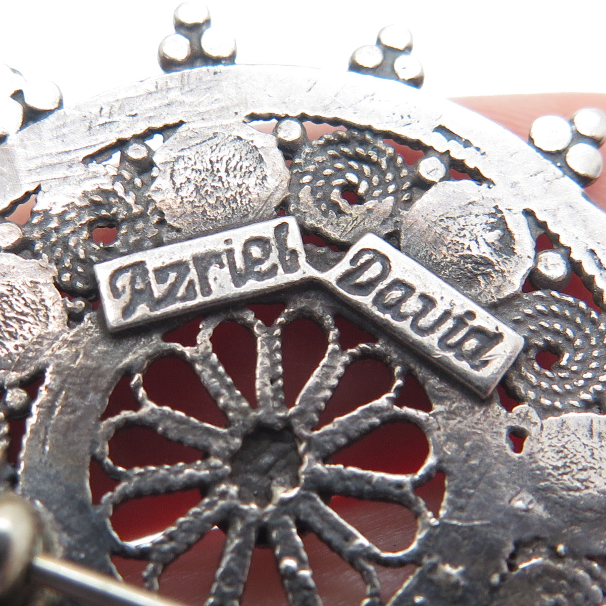AZRIEL DAVID 925 Sterling Vintage Real Agate Fortune Wheel Oxidized Pin Pendant
