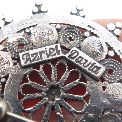 AZRIEL DAVID 925 Sterling Vintage Real Agate Fortune Wheel Oxidized Pin Pendant
