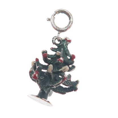 JEWELART Sterling Silver Antique Enamel Christmas Tree Spring Ring Charm Pendant