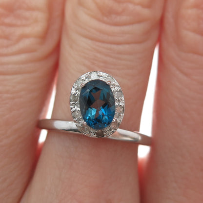 925 Sterling Silver Real Round-Cut Diamond & London Blue Topaz Ring Size 7.25