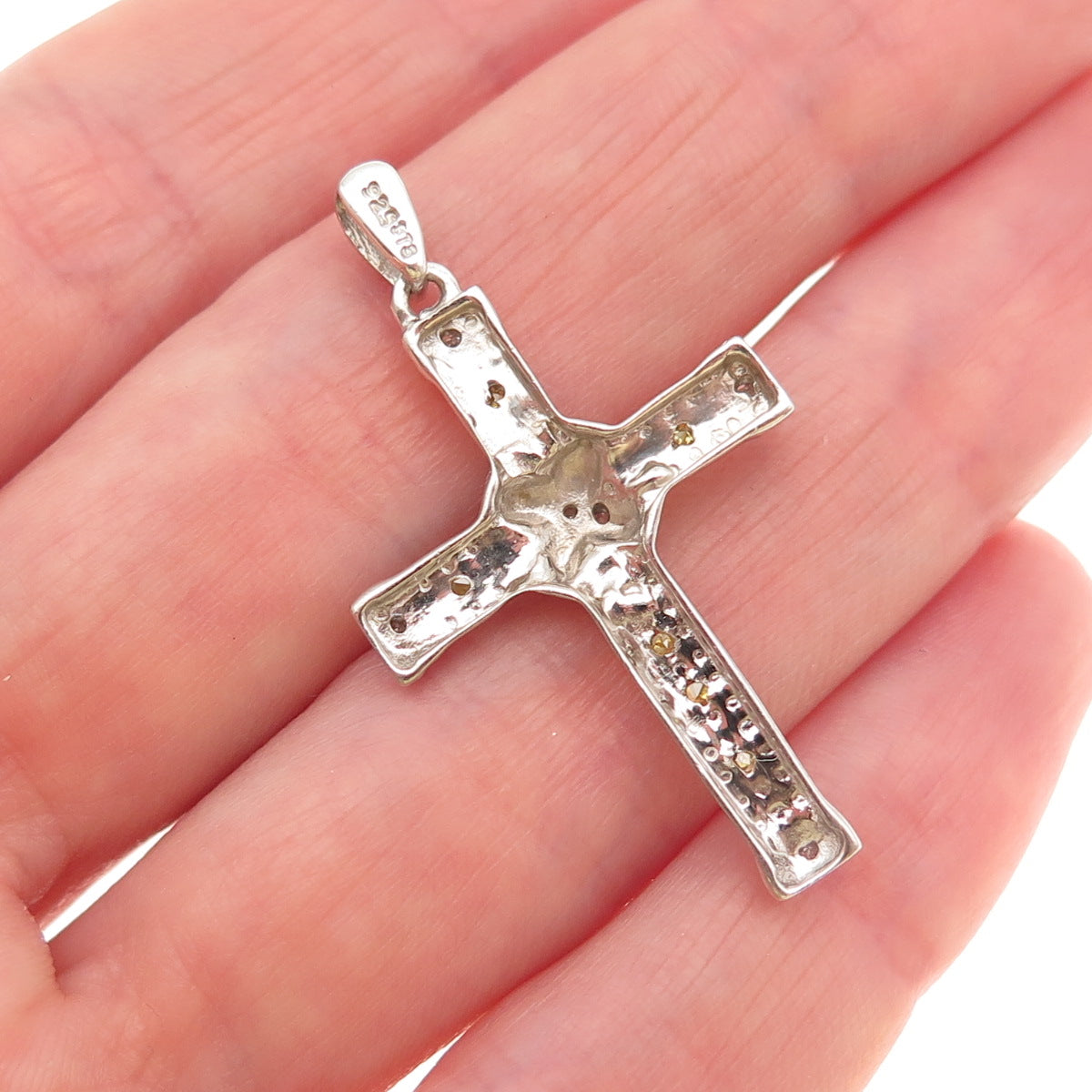 Chuck Clemency 925 Sterling Silver 2-Tone Real Round-Cut Diamond Cross Pendant