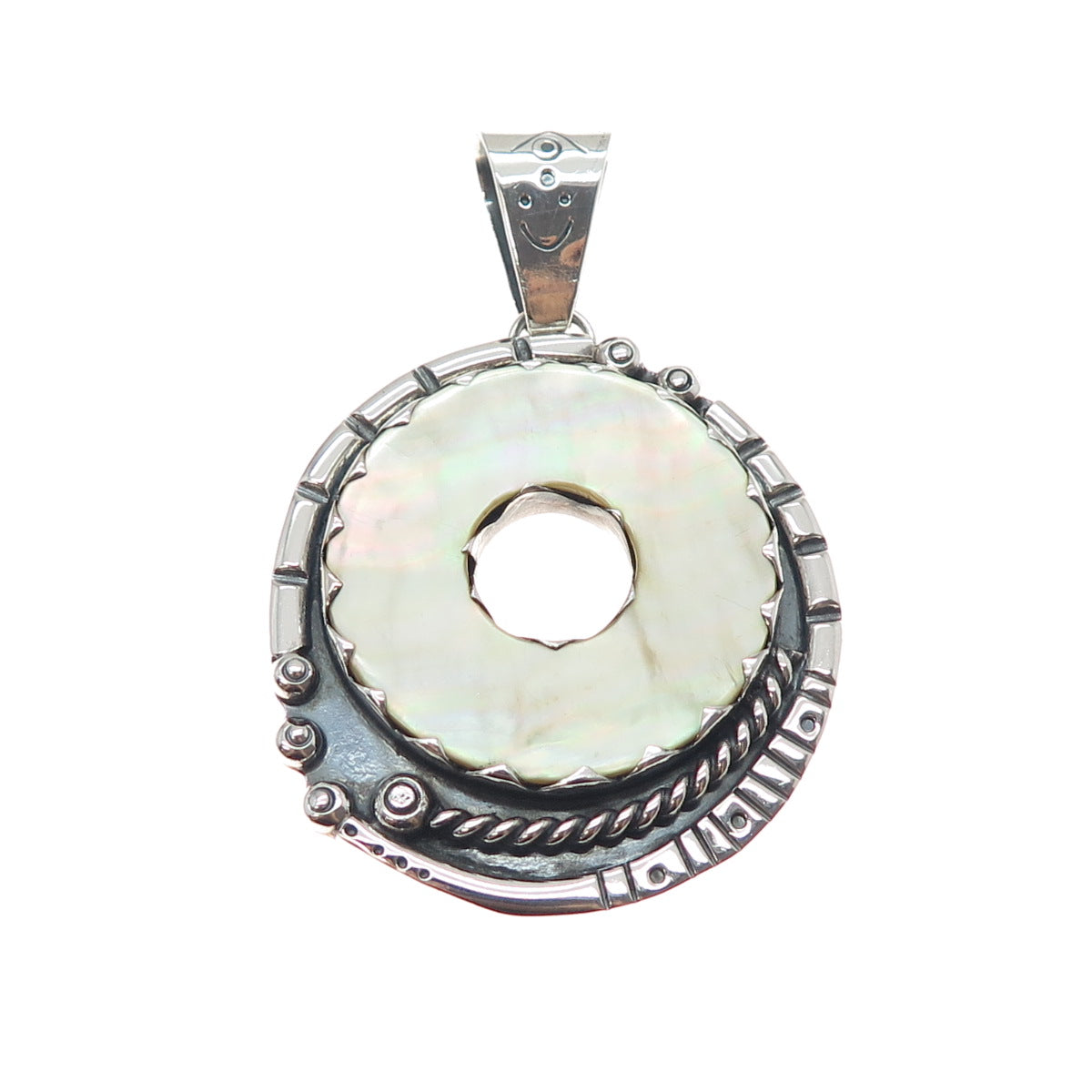 925 Sterling Silver Vintage Real MOP Modernist Oxidized Pendant