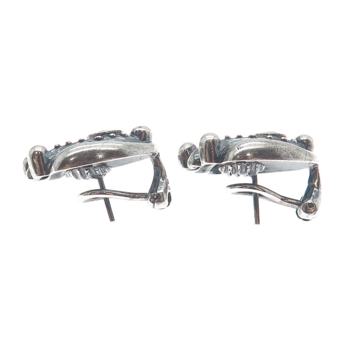 925 Sterling Silver Vintage Real Sapphire Modernist Oxidized Omega Back Earrings