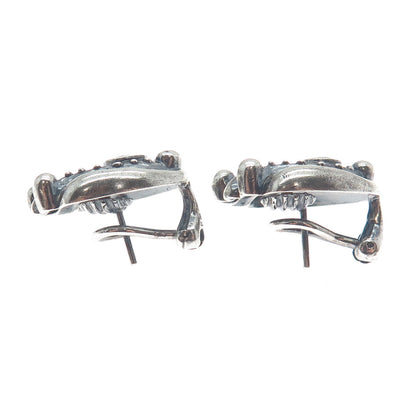 925 Sterling Silver Vintage Real Sapphire Modernist Oxidized Omega Back Earrings