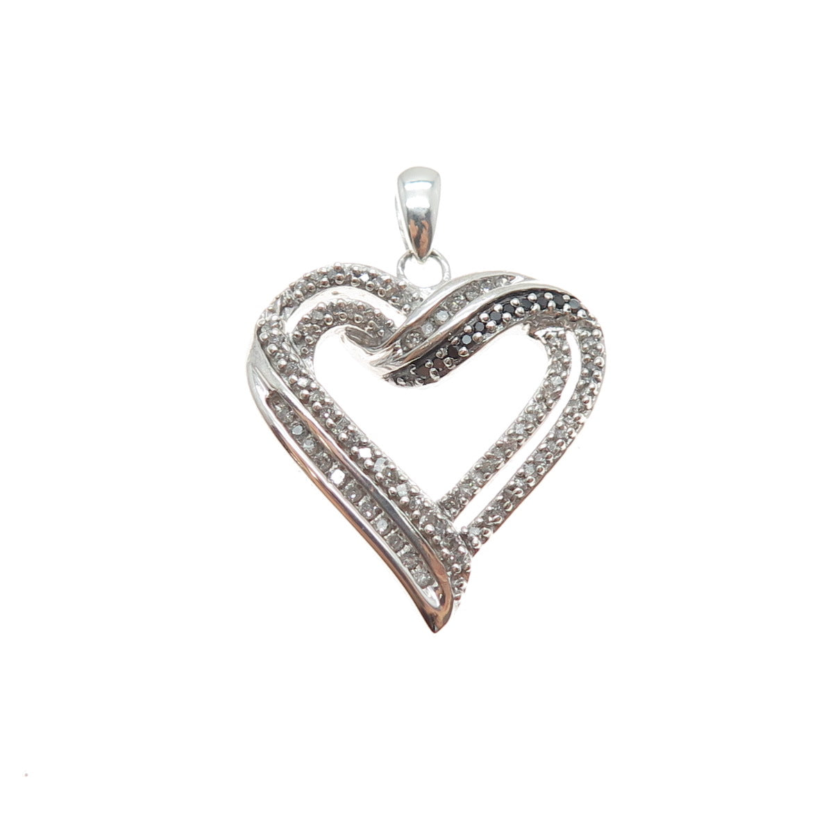 925 Sterling Silver Real Black & White Diamond Heart Charm Pendant
