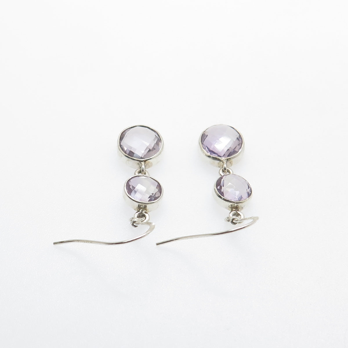 925 Sterling Silver Vintage Real Round & Oval-Cut Amethyst Dangle Earrings