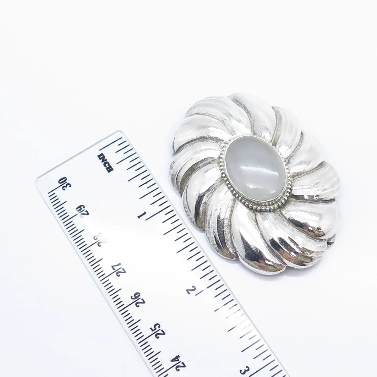 925 Sterling Silver Vintage Real Quartz Ribbed Pin Brooch