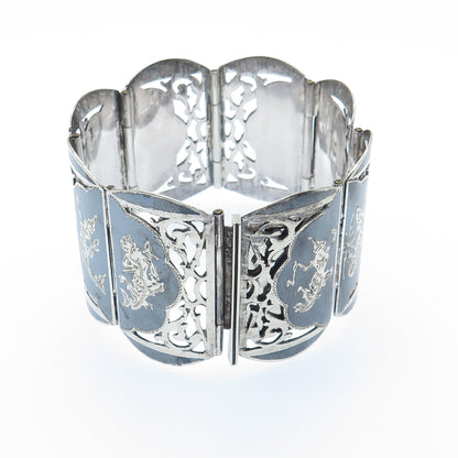 925 Sterling Silver Antique Siam Niello Hindu Goddess Panel Link Bracelet 7"