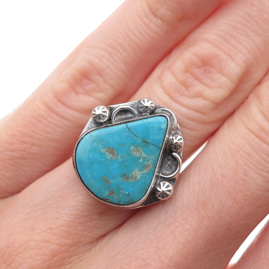 Old Pawn 925 Sterling Silver Vintage Southwestern Turquoise Tribal Ring Size 5.5