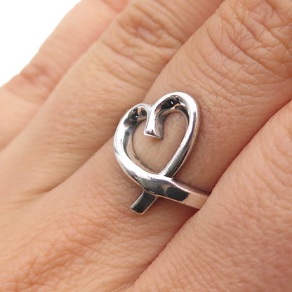 925 Sterling Silver Vintage Modernist Loving Heart Oxidized Ring Size 7.25