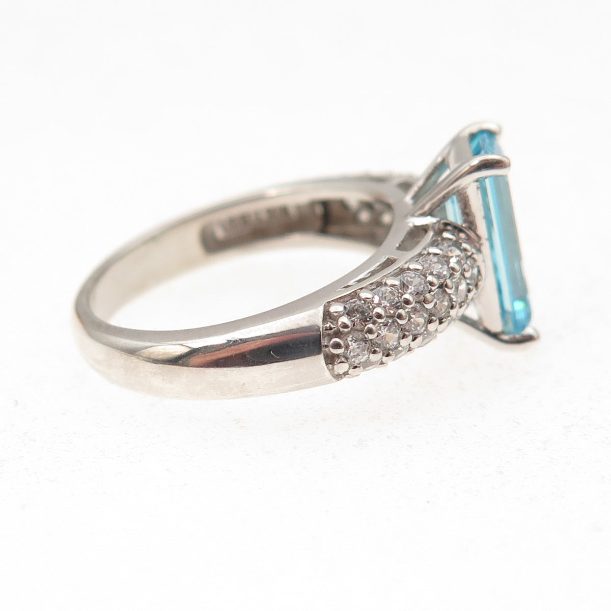 925 Sterling Silver Emerald-Cut Blue & Round-Cut White C Z Ring Size 5.25