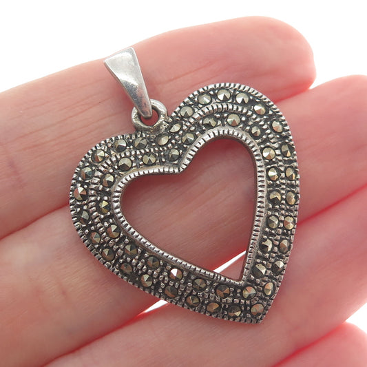 925 Sterling Silver Vintage Real Marcasite Heart Oxidized Pendant