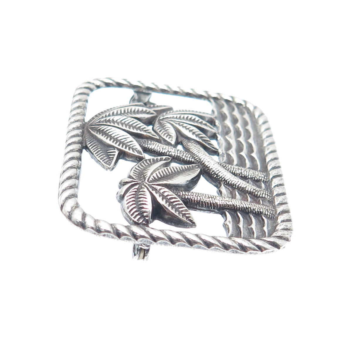 925 Sterling Silver Vintage Paradise Beach Palm Tree Oxidized Pin Brooch
