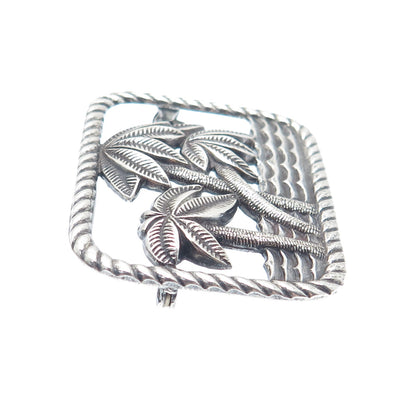 925 Sterling Silver Vintage Paradise Beach Palm Tree Oxidized Pin Brooch