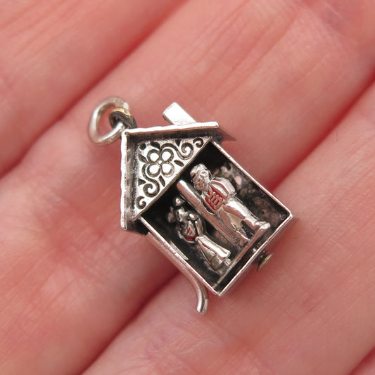 925 Sterling Silver Antique Art Deco Enamel Weather House Mini Charm Pendant