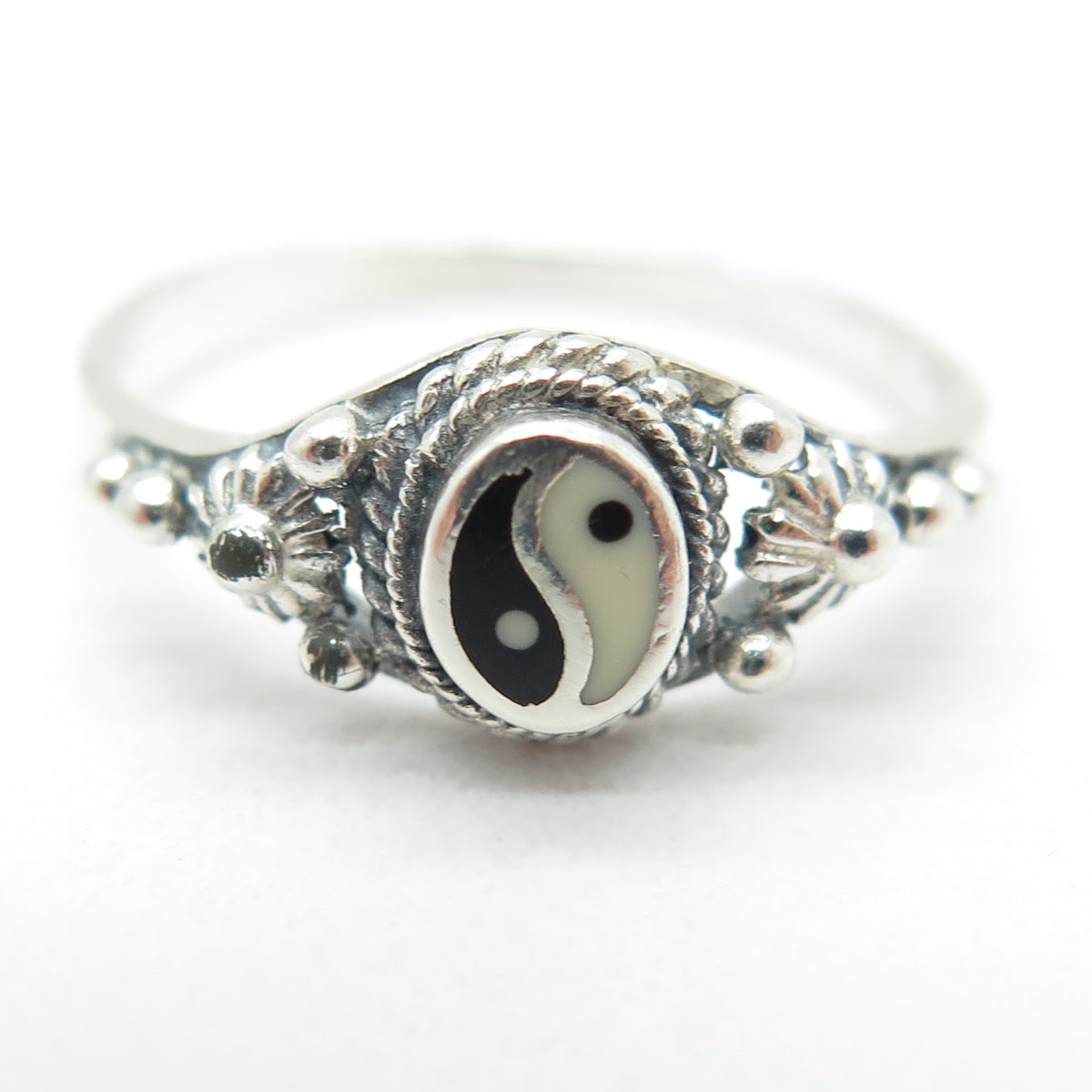 925 Sterling Silver Vintage Real Black & White Onyx Yin Yang Ring Size 9.75