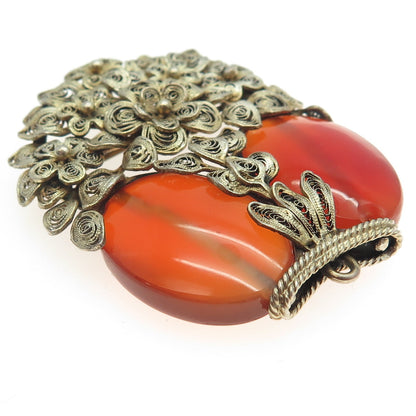 925 Sterling Silver Gold Plated Antique Art Deco Agate Filigree Floral Brooch