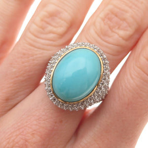 925 Sterling Silver 2-Tone Real Turquoise & White Topaz Ring Size 8.25