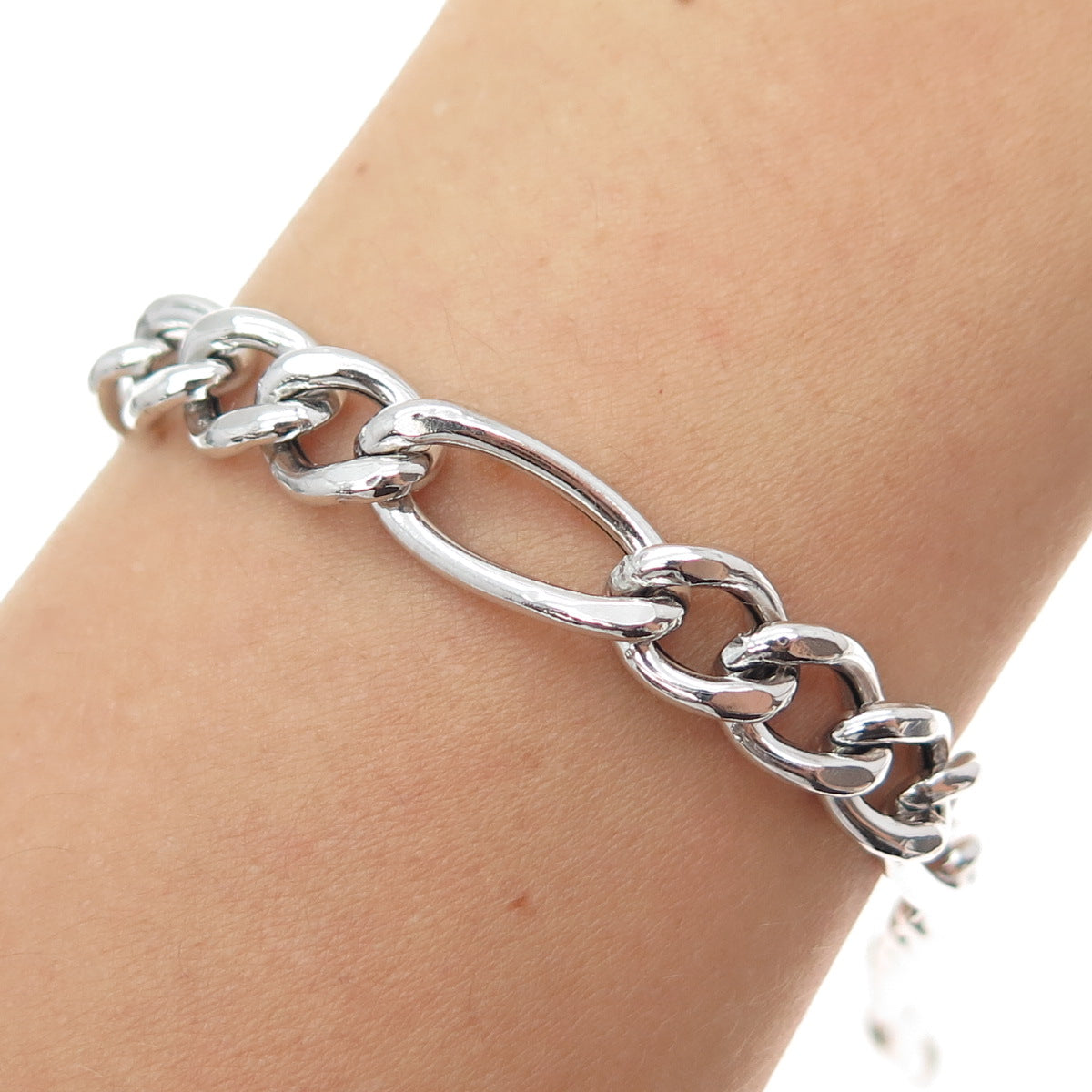 925 Sterling Silver Vintage Italy Figaro Link Bracelet 8.5"