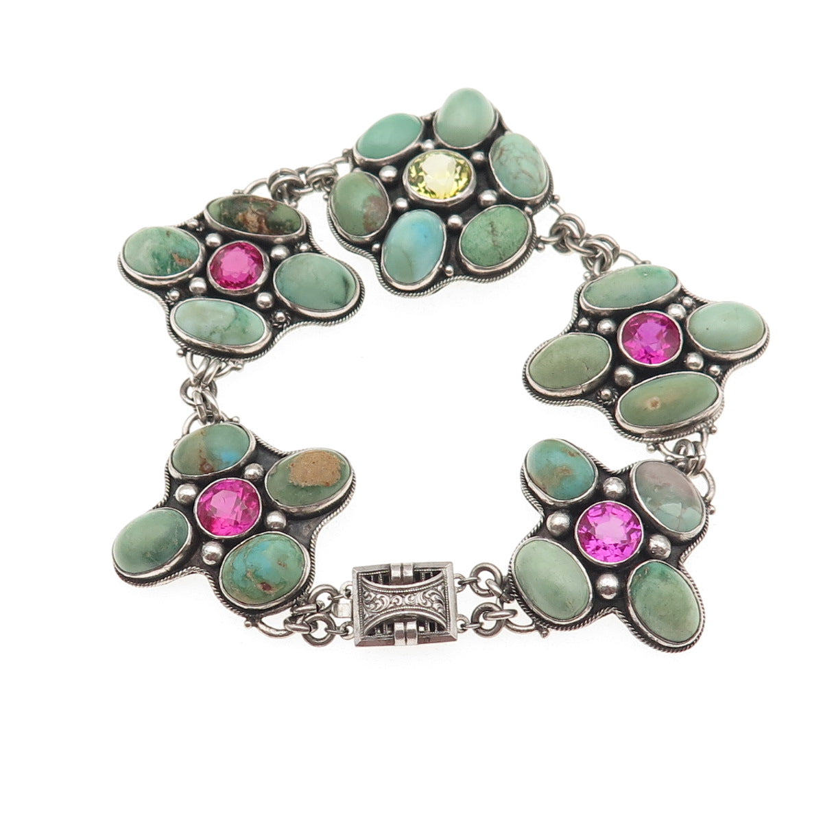 925 Sterling Antique Real Turquoise & Lab-Created Multi-Sapphire Bracelet 6.75"
