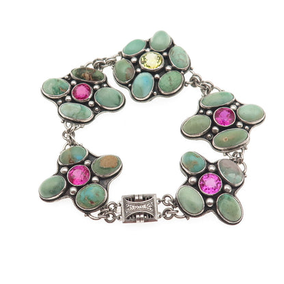 925 Sterling Antique Real Turquoise & Lab-Created Multi-Sapphire Bracelet 6.75"