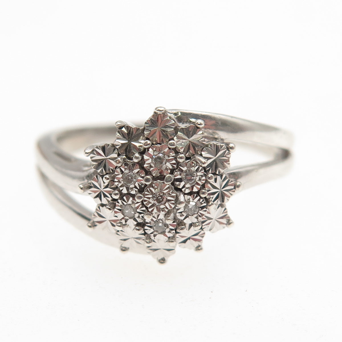 925 Sterling Silver Real Round-Cut Diamond Bypass Ring Size 7.25