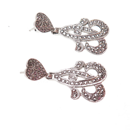 925 Sterling Silver Antique Art Deco Real Marcasite Heart Floral Dangle Earrings