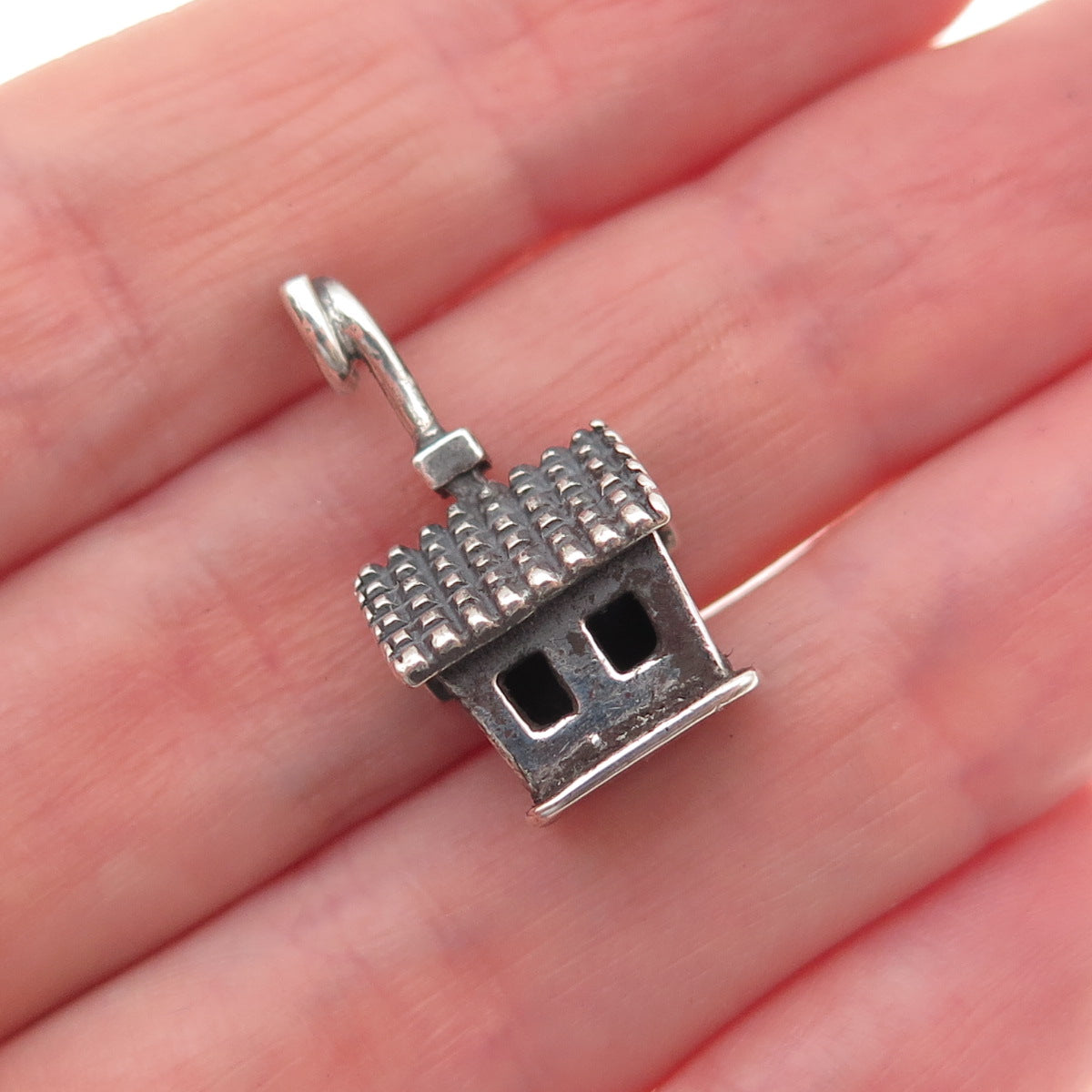 Beau 925 Sterling Silver Vintage Loving House Oxidized 3D Mini Charm Pendant