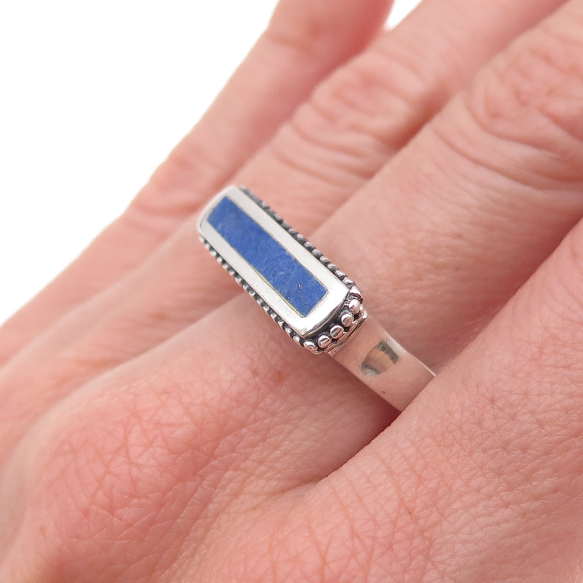 Boma Sterling Silver Vintage Real Lapis Modernist Bar Oxidized Ring Size 7.25