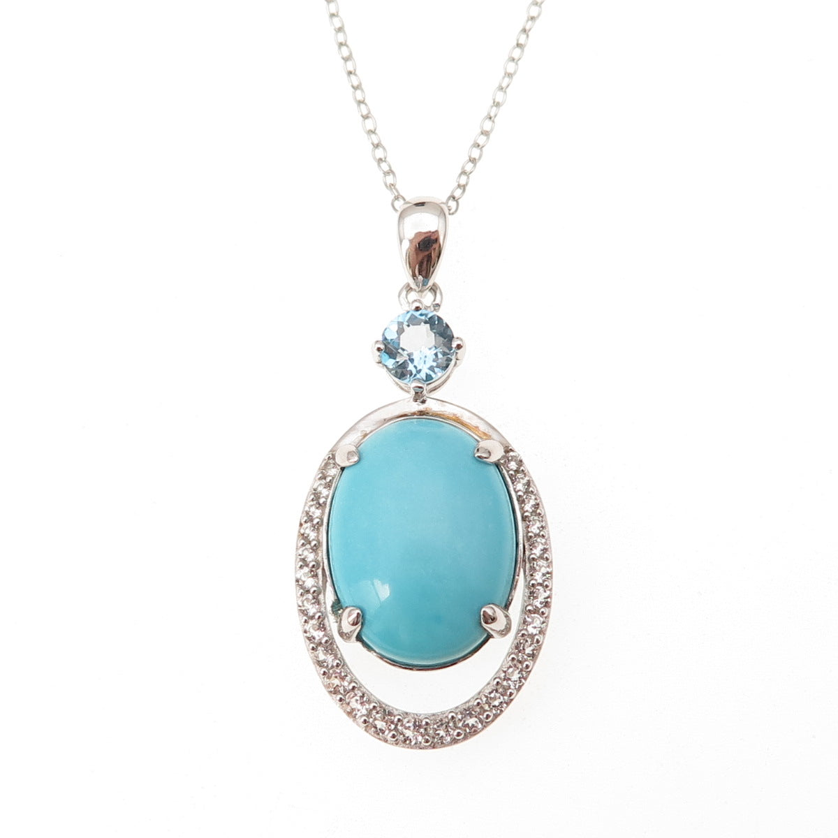 925 Sterling Silver Real Turquoise Blue & White Topaz Cable Chain Necklace 18"