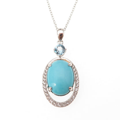 925 Sterling Silver Real Turquoise Blue & White Topaz Cable Chain Necklace 18"