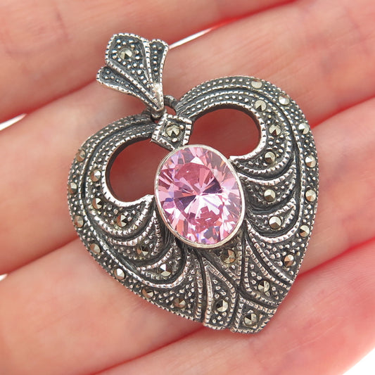 925 Sterling Silver Vintage Real Marcasite & Pink C Z Heart Charm Pendant