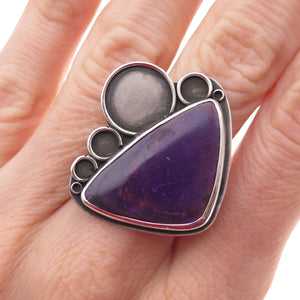 925 Sterling Silver Vintage Real Sugilite Modernist Oxidized Ring Size 7.75