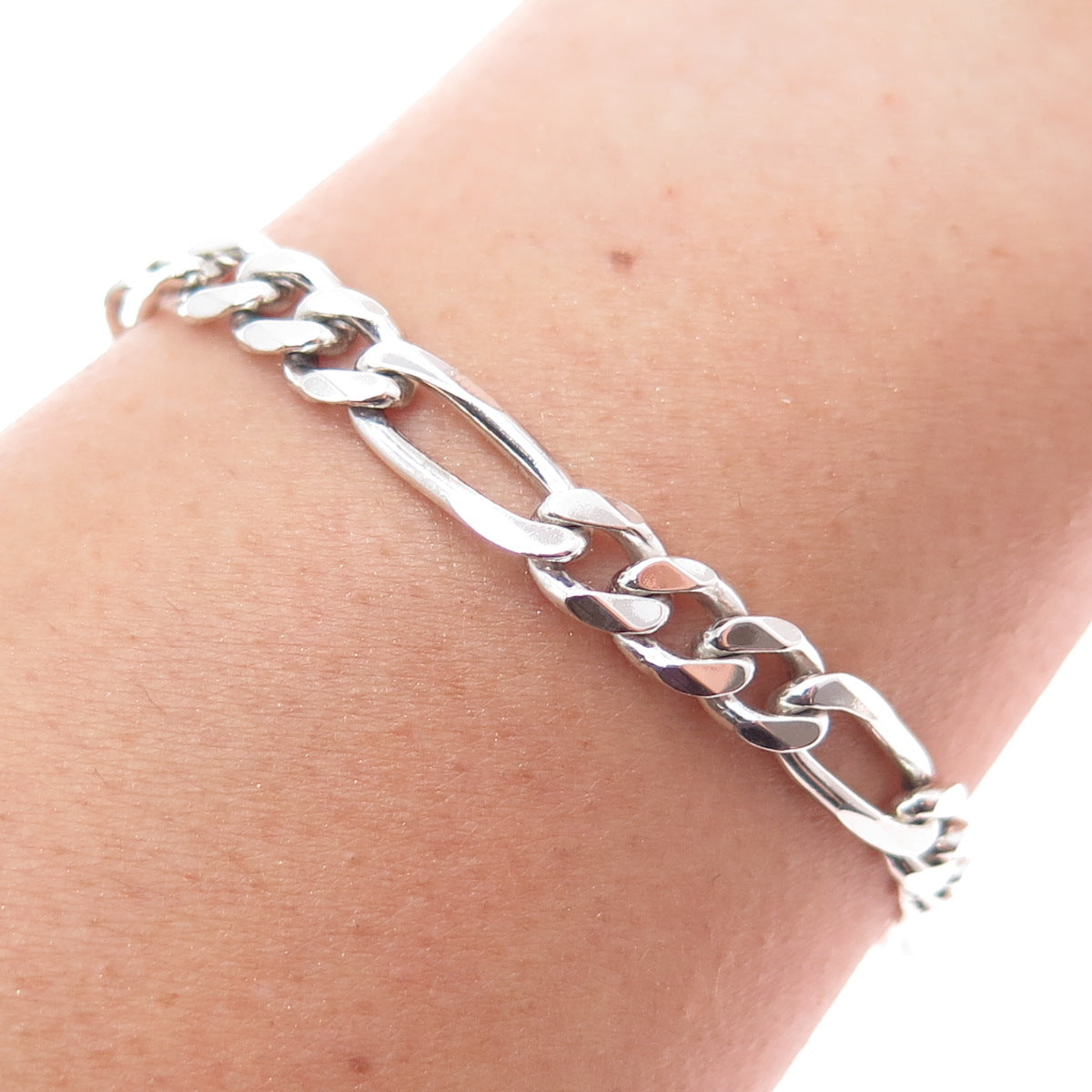 925 Sterling Silver Vintage Italy Figaro Link Bracelet 7.5"