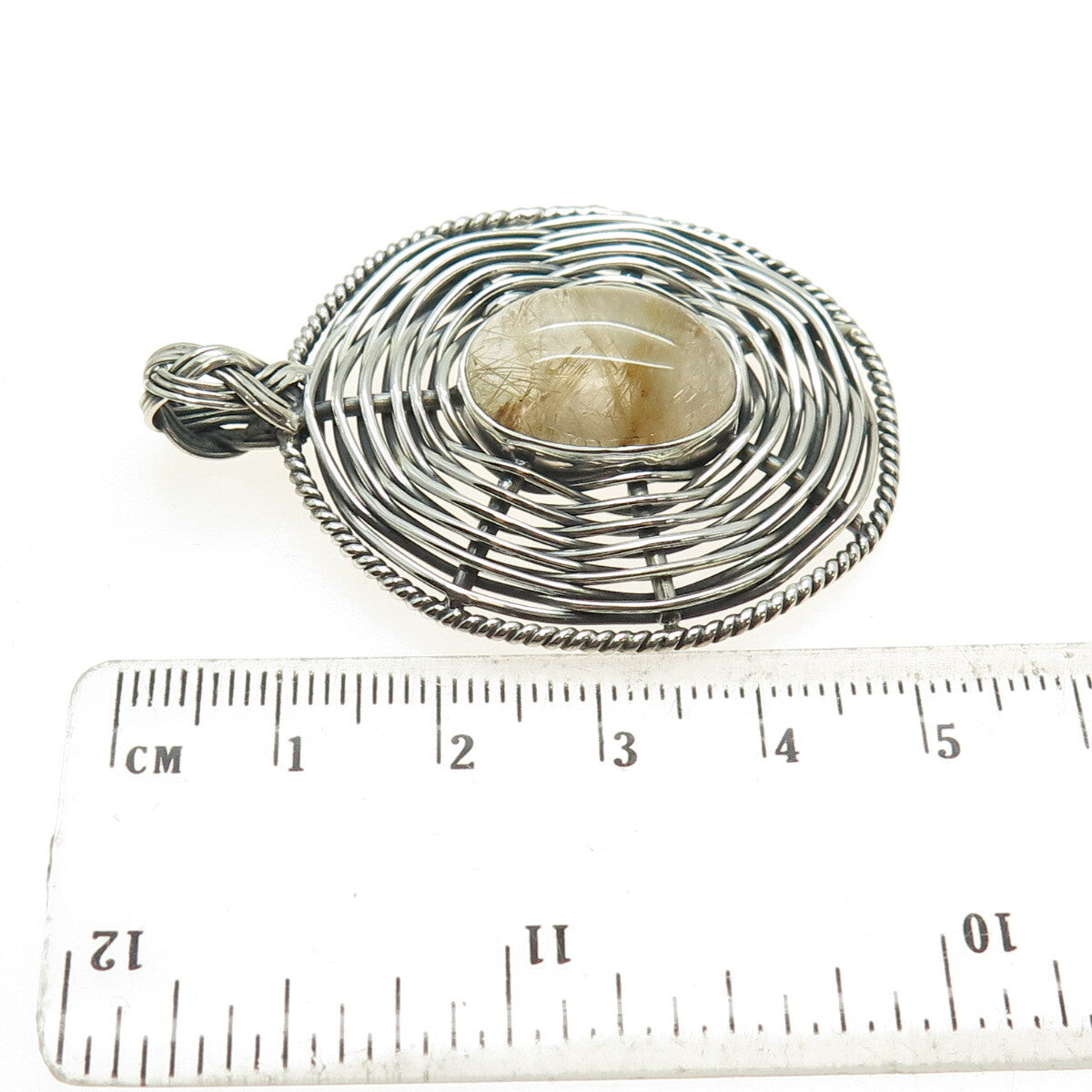925 Sterling Silver Vintage Rutilated Quartz Modernist Wicker Oxidized Pendant