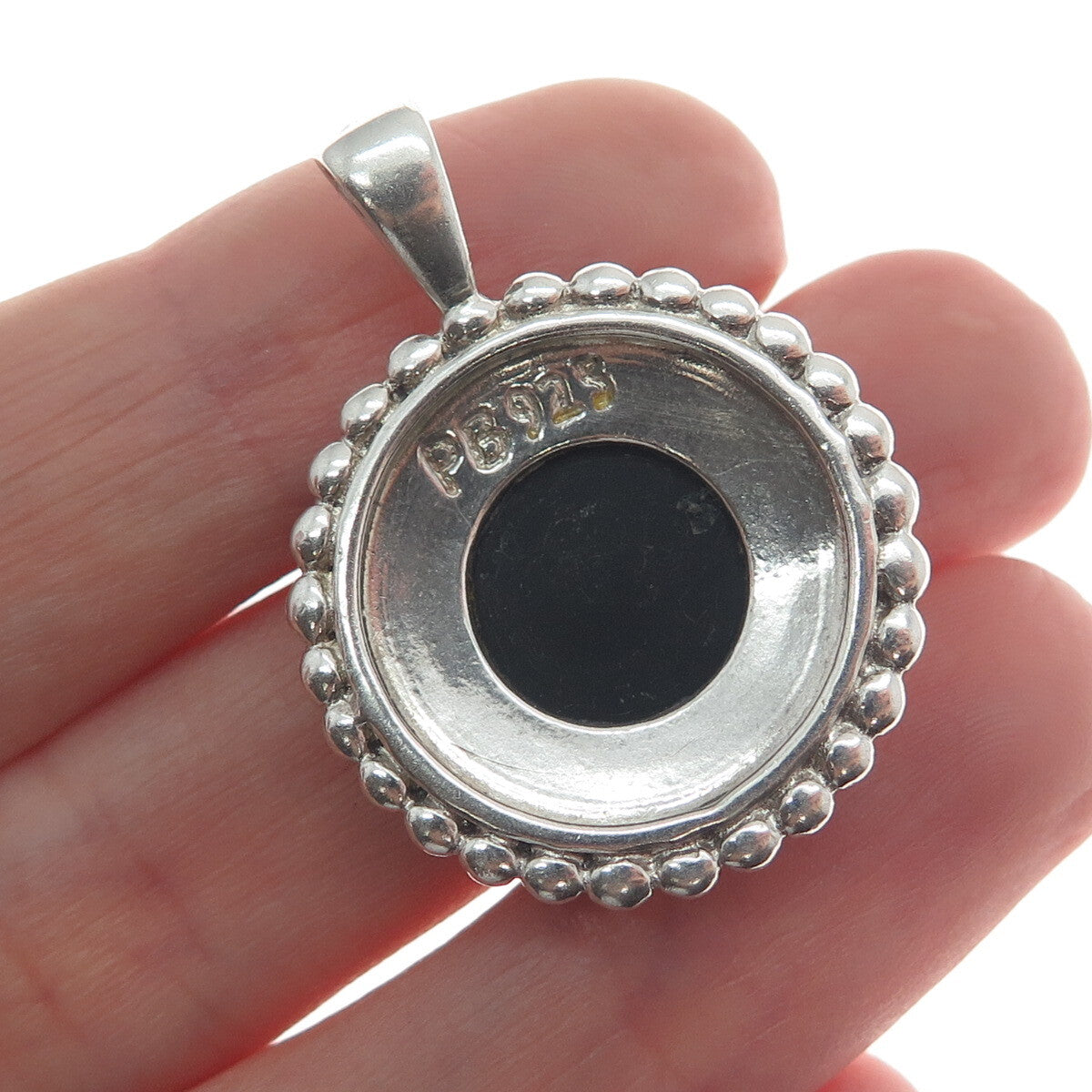 PB PAUL BRACKNA 925 Sterling Silver Vintage Black Onyx Gem Beaded Frame Pendant