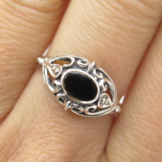 925 Sterling Silver Vintage Real Black Onyx Ornate Oxidized Ring Size 7.5