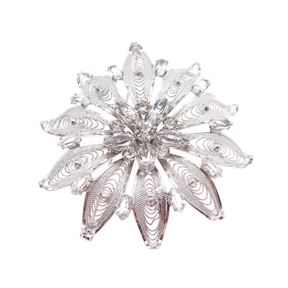 AM LEE Sterling Silver Antique Art Deco Rhinestone Flower Filigree Pin Brooch