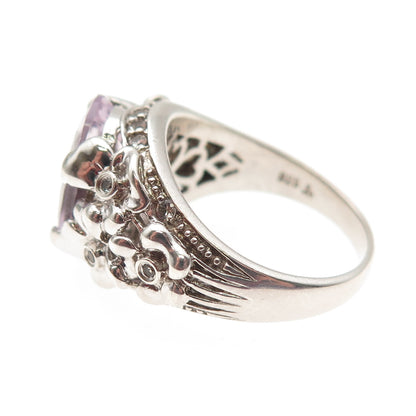 925 Sterling Silver Vintage Real Amethyst & White Topaz Modernist Ring Size 8