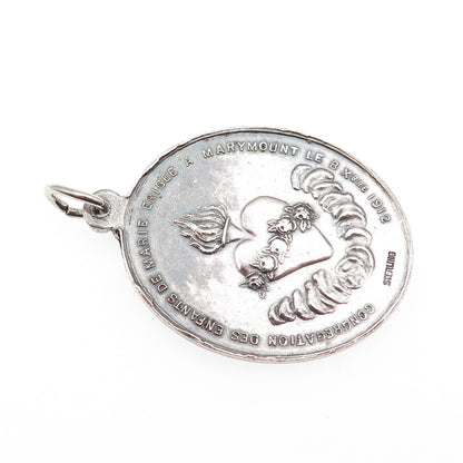 925 Sterling Silver Antique Art Deco St. Mary Religious Medal Oxidized Pendant