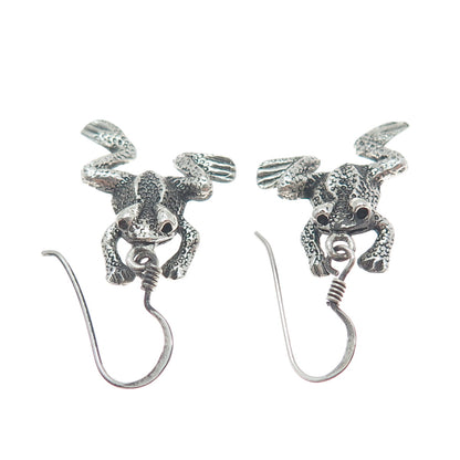 925 Sterling Silver Vintage Frog For Good Luck Oxidized Dangle Earrings