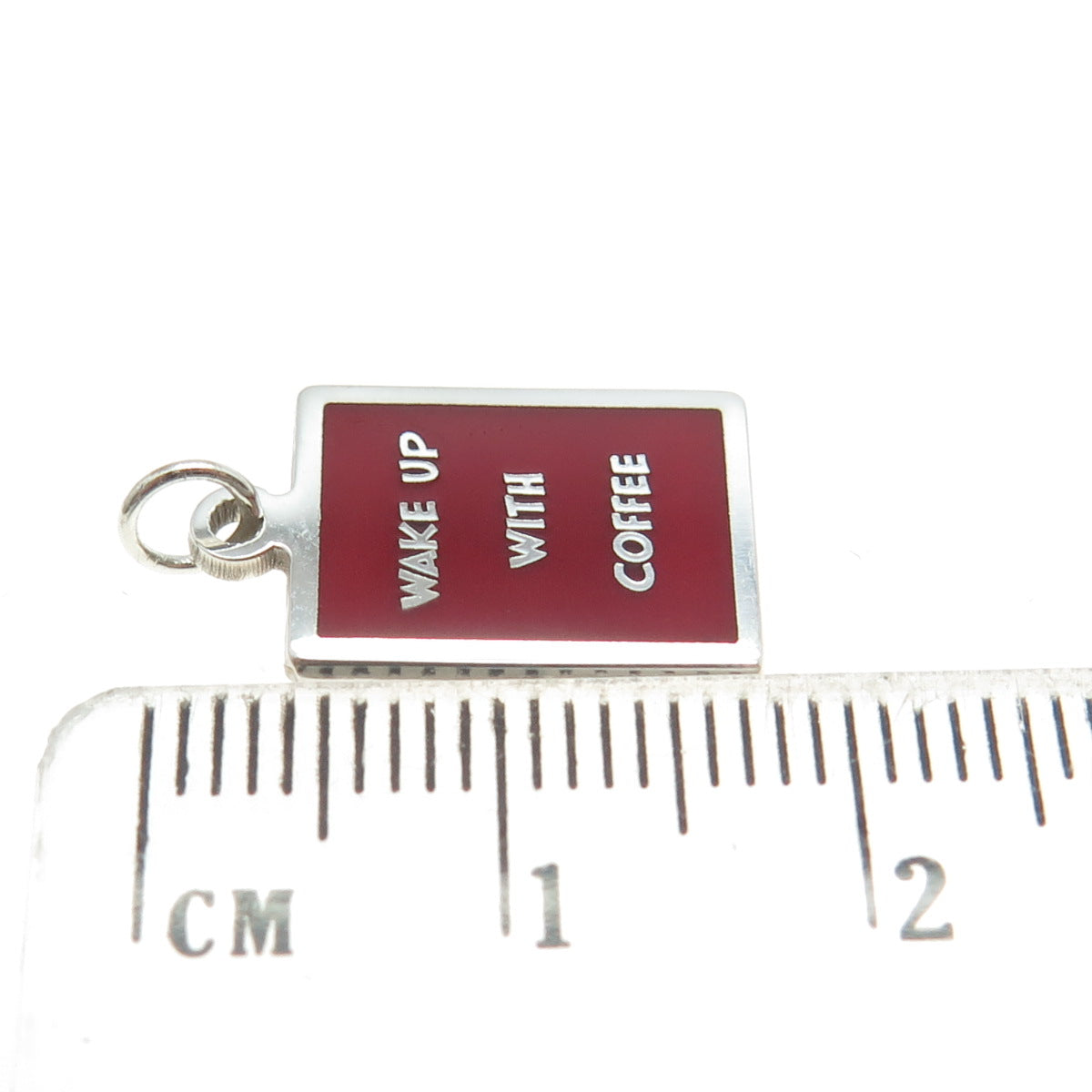 925 Sterling Silver Red Enamel "Wake Up With Coffee" Minimalist Charm Pendant