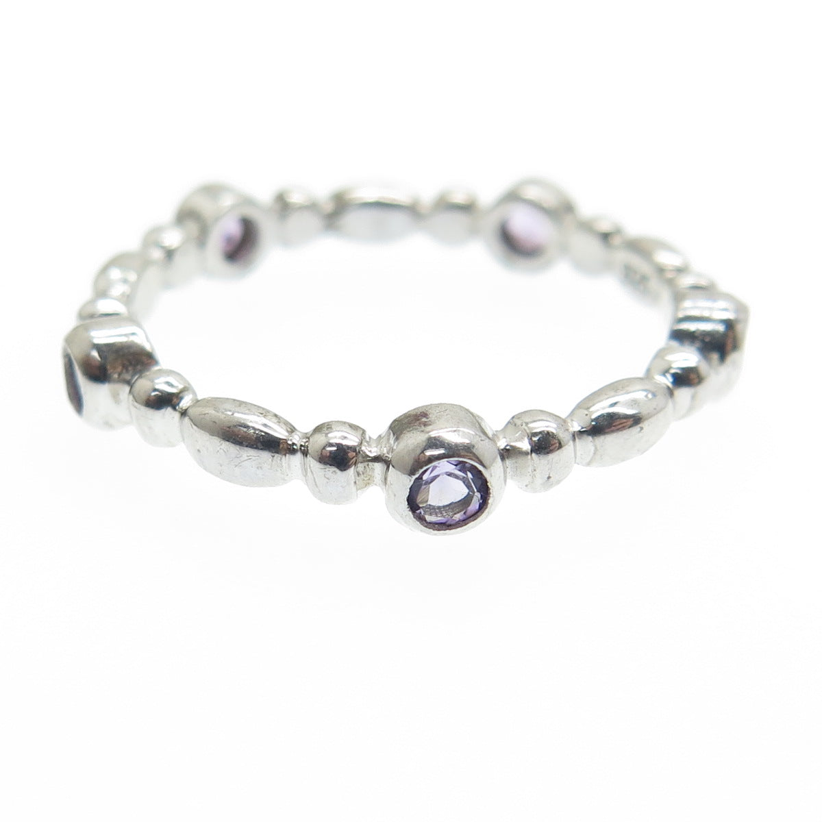 925 Sterling Silver Real Round-Cut Amethyst Gem Beaded Band Ring Size 7